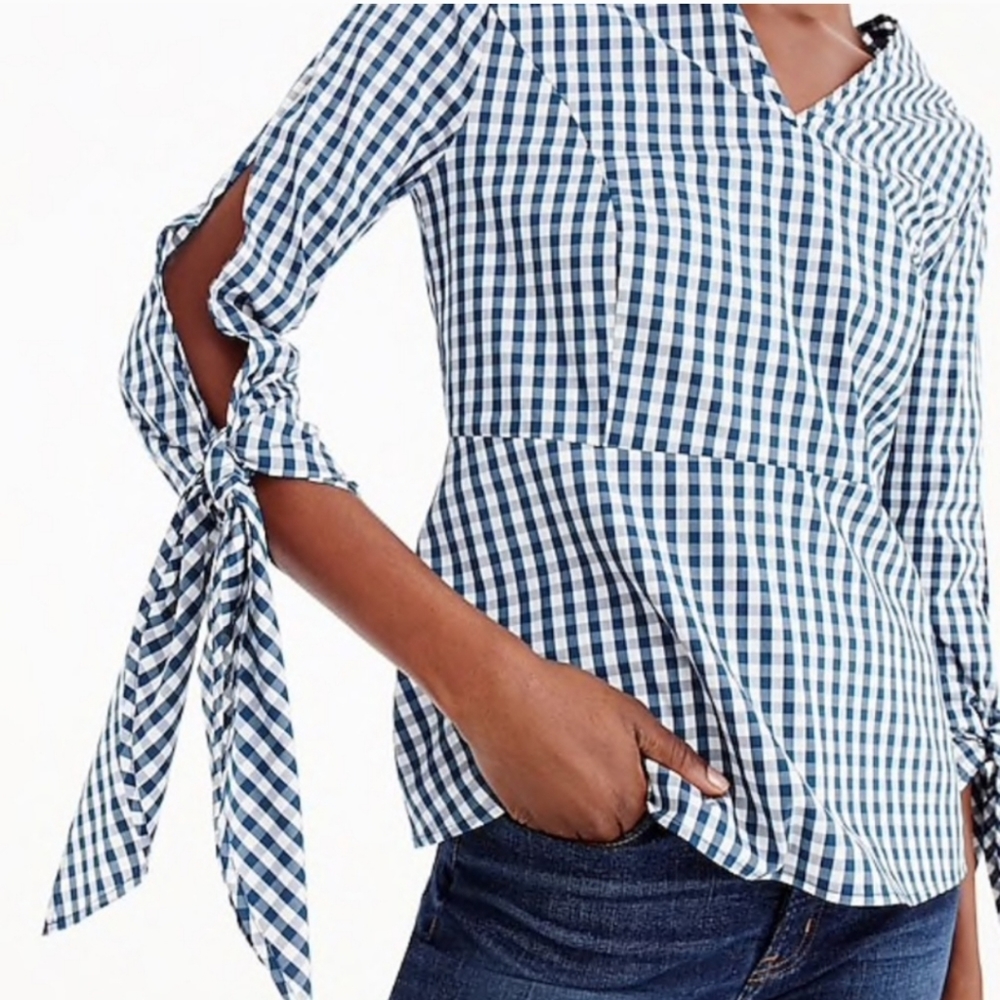 NWT J. Crew Universal Standard Blue Gingham Tie-Sleeve Top, Size S